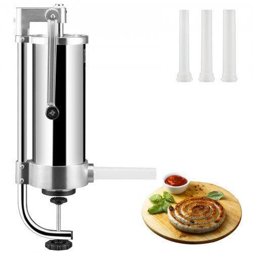 Sausage Stuffer, 5LBS/3L Capacity, 304 Stainless Steel Vertical Sausage Stuffer, Sausage Filling Machine with 3 Stuffing Tubes, Suction Base and Manual Crank for Household or Commercial Use