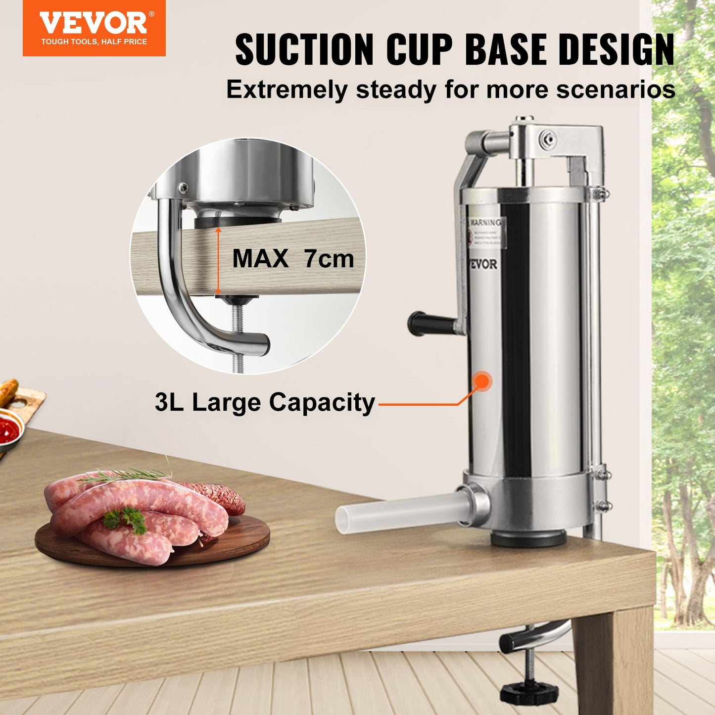 Sausage Stuffer, 5LBS/3L Capacity, 304 Stainless Steel Vertical Sausage Stuffer, Sausage Filling Machine with 3 Filling Tubes, Suction Base and Manual Crank for Home or Commercial Use