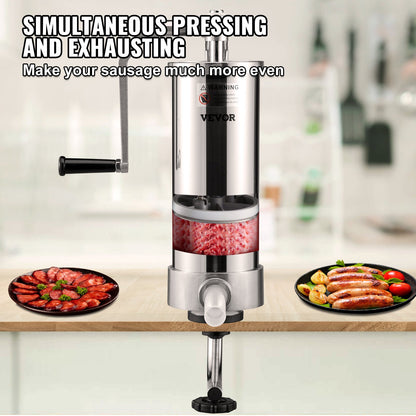Sausage Stuffer, 5LBS/3L Capacity, 304 Stainless Steel Vertical Sausage Stuffer, Sausage Filling Machine with 3 Filling Tubes, Suction Base and Manual Crank for Home or Commercial Use