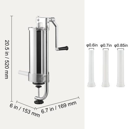 Sausage Stuffer, 5LBS/3L Capacity, 304 Stainless Steel Vertical Sausage Stuffer, Sausage Filling Machine with 3 Filling Tubes, Suction Base and Manual Crank for Home or Commercial Use