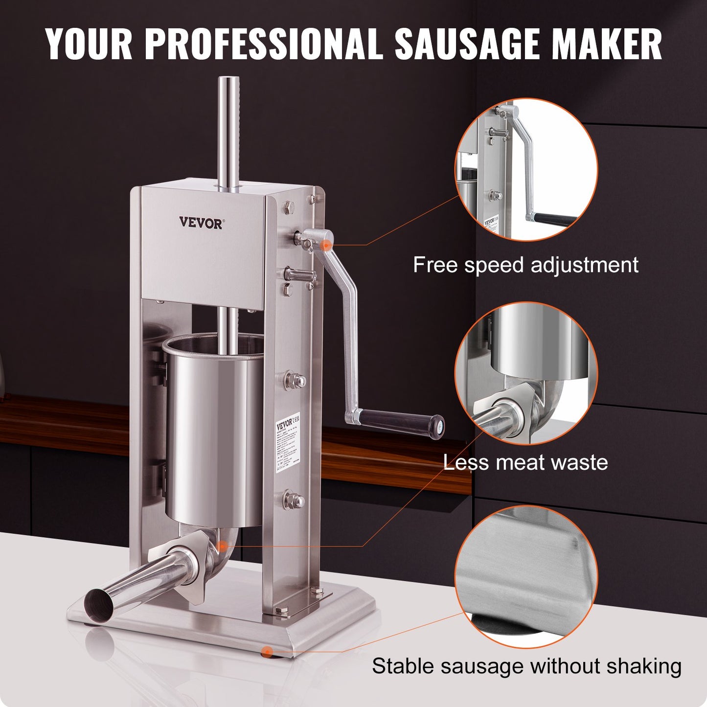 Manual Sausage Stuffer, 5LBS/3L Capacity, Two Speed 304 Stainless Steel Vertical Sausage Stuffer, Sausage Filling Machine with 4 Stuffing Tubes, Suction Base for Household or Commercial Use