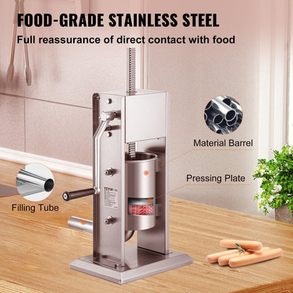 Manual Sausage Stuffer, 5LBS/3L Capacity, Two Speed 304 Stainless Steel Vertical Sausage Stuffer, Sausage Filling Machine with 4 Stuffing Tubes, Suction Base for Household or Commercial Use