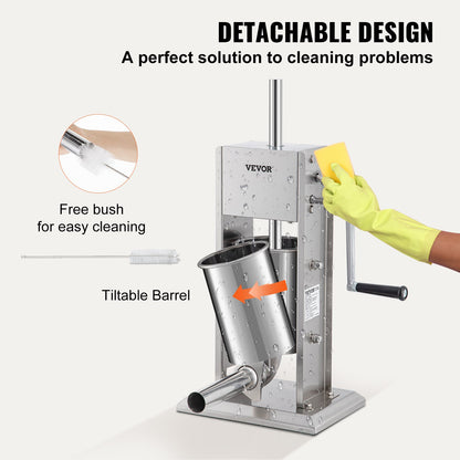 Manueller Wurstfüller, 5 Pfund/3 l Fassungsvermögen, vertikaler Wurstfüller aus Edelstahl 304 mit zwei Geschwindigkeiten, Wurstfüllmaschine mit 4 Füllrohren, Saugfuß für den privaten oder gewerblichen Gebrauch