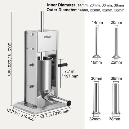 Manueller Wurstfüller, 5 Pfund/3 l Fassungsvermögen, vertikaler Wurstfüller aus Edelstahl 304 mit zwei Geschwindigkeiten, Wurstfüllmaschine mit 4 Füllrohren, Saugfuß für den privaten oder gewerblichen Gebrauch