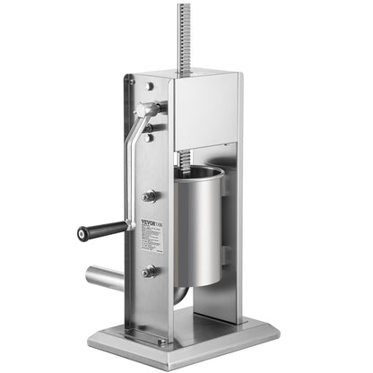 Manueller Wurstfüller, 5 Pfund/3 l Fassungsvermögen, vertikaler Wurstfüller aus Edelstahl 304 mit zwei Geschwindigkeiten, Wurstfüllmaschine mit 4 Füllrohren, Saugfuß für den privaten oder gewerblichen Gebrauch
