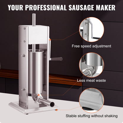 Manual Sausage Stuffer, 8LBS/5L Capacity, Two-Speed 304 Stainless Steel Vertical Sausage Stuffer, Sausage Filling Machine with 4 Filling Tubes, Suction Base for Home or Commercial Use