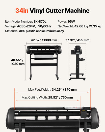 Vinyl Cutter Machine, 34 inch Max Feed Width, Dual Blades, Adjustable Force and Speed, LED Display, Vinyl Plotter Cutter Printer Bundle with Sticker Sheets, Transfer Film, Signmaster Software