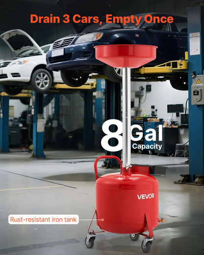 8 Gallon Waste Oil Drain Tank, Industrial Fluid Drain Tank with Adjustable Funnel Height, Portable Oil Drainer with Wheels & Toolbox, Fluid Fuel Transfer Drainage for Auto Repair Shops, Red