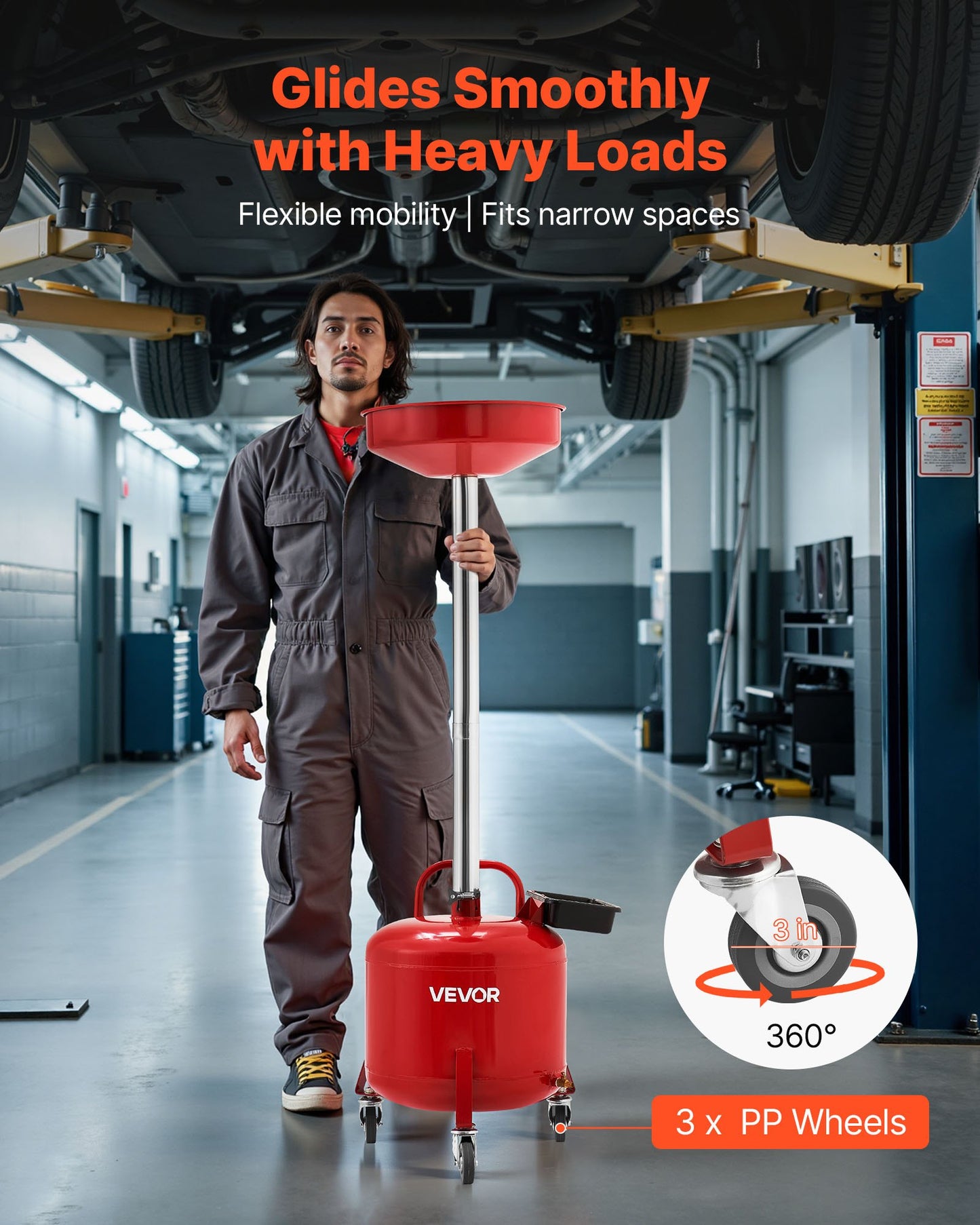 8 Gallon Waste Oil Drain Tank, Industrial Fluid Drain Tank with Adjustable Funnel Height, Portable Oil Drainer with Wheels & Toolbox, Fluid Fuel Transfer Drainage for Auto Repair Shops, Red