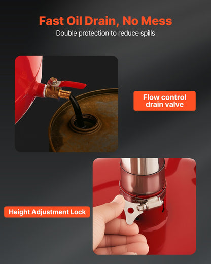 8 Gallon Waste Oil Drain Tank, Industrial Fluid Drain Tank with Adjustable Funnel Height, Portable Oil Drainer with Wheels & Toolbox, Fluid Fuel Transfer Drainage for Auto Repair Shops, Red