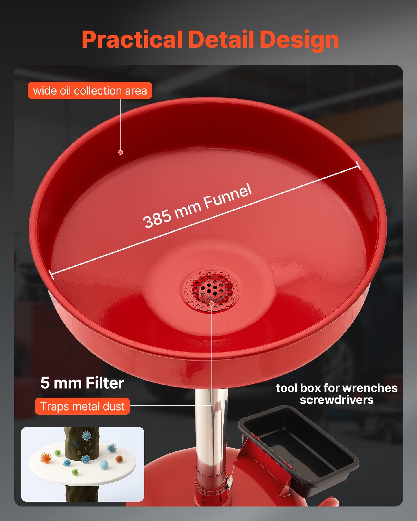 8 Gallon Waste Oil Drain Tank, Industrial Fluid Drain Tank with Adjustable Funnel Height, Portable Oil Drainer with Wheels & Toolbox, Fluid Fuel Transfer Drainage for Auto Repair Shops, Red