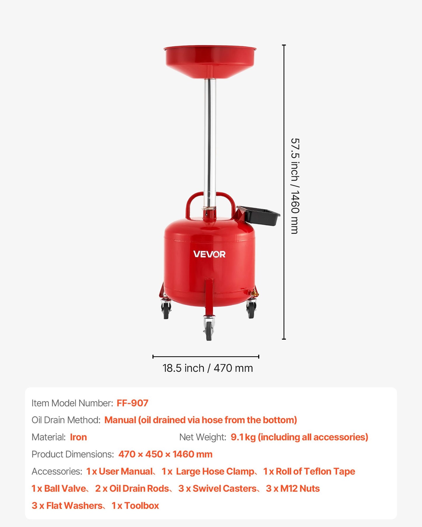 8 Gallon Waste Oil Drain Tank, Industrial Fluid Drain Tank with Adjustable Funnel Height, Portable Oil Drainer with Wheels & Toolbox, Fluid Fuel Transfer Drainage for Auto Repair Shops, Red