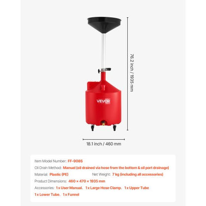 68L spilloljeavtappningstank, industriell vätskeavtappningstank med justerbar tratthöjd, bärbar oljetömningstank med hjul, dränering av vätskebränsle för bilverkstäder, garage, röd |  EU