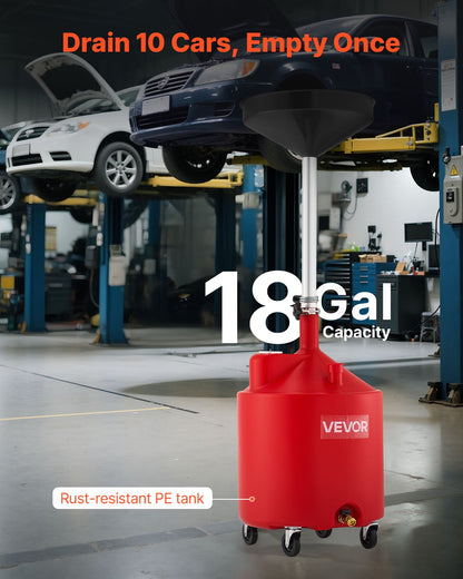 18 Gallon Waste Oil Drain Tank, Industrial Fluid Drain Tank with Adjustable Funnel Height, Portable Oil Drainer with Wheels, Fluid Fuel Transfer Drainage for Auto Repair Shops, Garages, Red