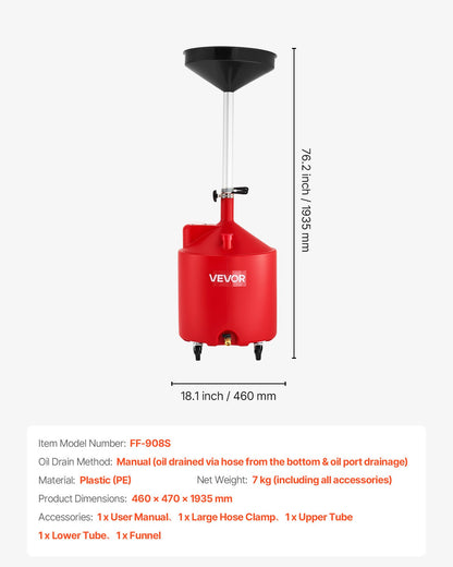 18 Gallon Waste Oil Drain Tank, Industrial Fluid Drain Tank with Adjustable Funnel Height, Portable Oil Drainer with Wheels, Fluid Fuel Transfer Drainage for Auto Repair Shops, Garages, Red