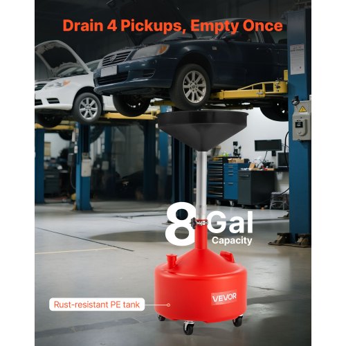 30L spilloljeavtappningstank, industriell vätskeavtappningstank med justerbar tratthöjd, bärbar oljetråg med hjul, dränering av vätskebränsle för bilverkstäder, garage, röd |  EU