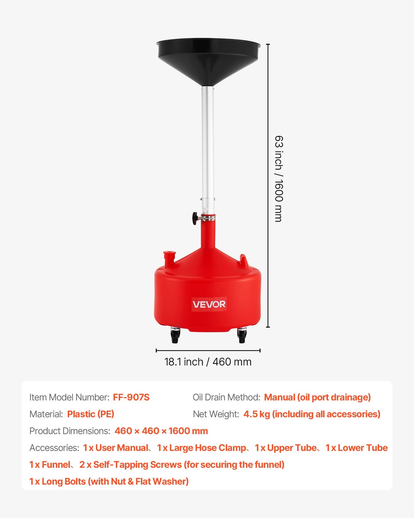 8 Gallon Waste Oil Drain Tank, Industrial Fluid Drain Tank with Adjustable Funnel Height, Portable Oil Drainer with Wheels, Fluid Fuel Transfer Drainage for Auto Repair Shops, Garages, Red