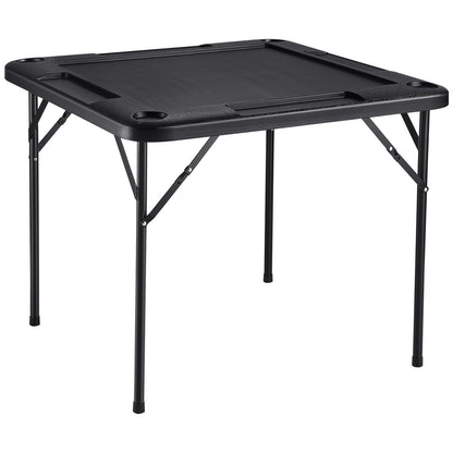 Mahjong-Tisch, quadratischer, zusammenklappbarer Kartentisch für 4 Spieler mit 4 Getränkehaltern und 4 Chip-Tabletts, tragbarer Domino-Spieltisch mit 1 Satz Dominosteine für Mahjong Poke Puzzle, 35,4 x 35,4 Zoll, Schwarz