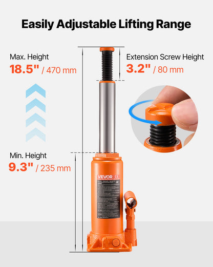 Hydraulic Bottle Jack, 10 Ton (22046 lbs) Capacity, 9.3-18.5 Inch Lifting Range, Heavy Duty Welded Bottle Jack for Car, SUV, Pickup, Auto Repair, House Lift and Agricultural Equipment, Orange