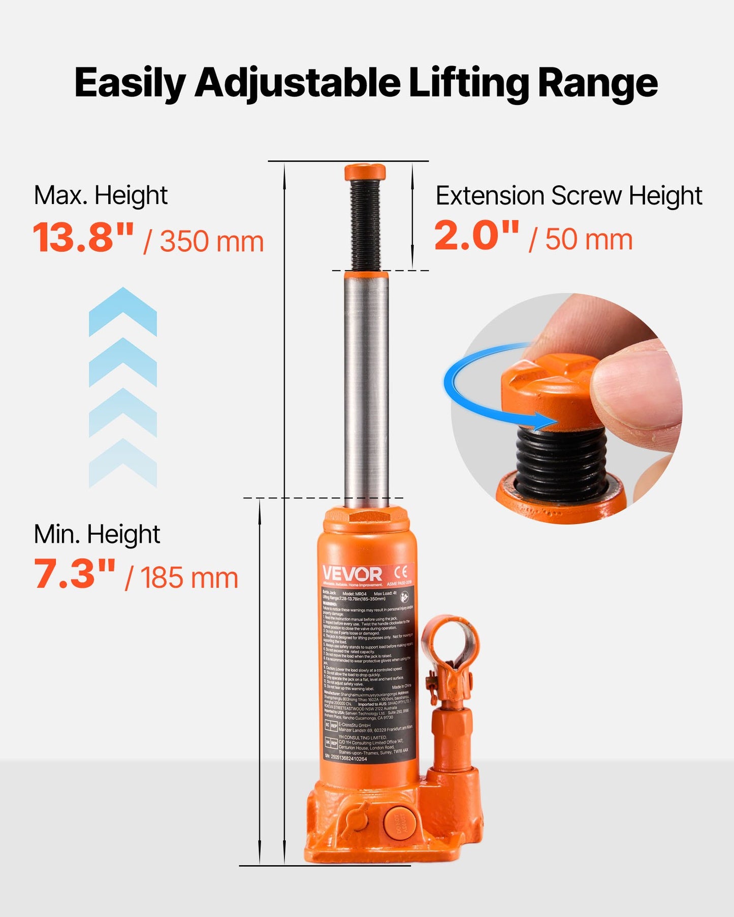 Hydraulic Bottle Jack, 4 Ton (8818.4 lbs) Capacity, 7.3-13.8 Inch Lifting Range, Heavy Duty Welded Bottle Jack for Car, SUV, Pickup, Auto Repair, House Lift and Agricultural Equipment, Orange