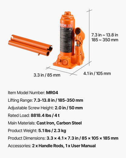 Hydraulic Bottle Jack, 4 Ton (8818.4 lbs) Capacity, 7.3-13.8 Inch Lifting Range, Heavy Duty Welded Bottle Jack for Car, SUV, Pickup, Auto Repair, House Lift and Agricultural Equipment, Orange