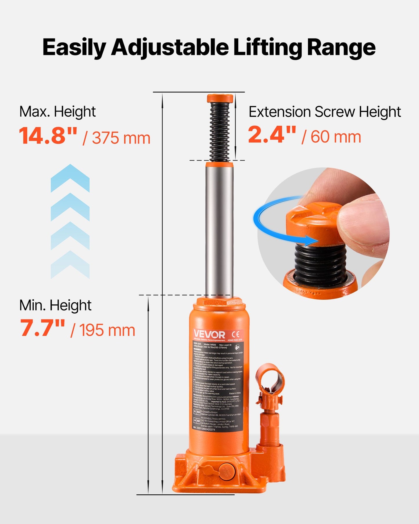 Hydraulic Bottle Jack, 6 Ton (13227.6 lbs) Capacity, 7.7-14.8 Inch Lifting Range, Heavy Duty Welded Bottle Jack for Car, SUV, Pickup, Auto Repair, House Lift and Agricultural Equipment, Orange