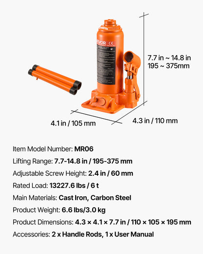 Hydraulic Bottle Jack, 6 Ton (13227.6 lbs) Capacity, 7.7-14.8 Inch Lifting Range, Heavy Duty Welded Bottle Jack for Car, SUV, Pickup, Auto Repair, House Lift and Agricultural Equipment, Orange