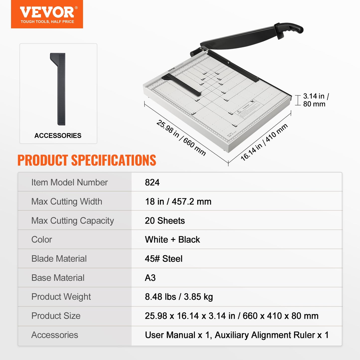 Paper Cutter, Guillotine Trimmer, 18" Cut Length, 20 Sheets Capacity, Heavy Duty Guillotine Paper Cutter with Guard Rail/Blade Lock for Cardstock/Cardboard, Paper Trimmer for Home Office School