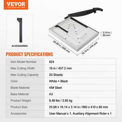 Paper Cutter, Guillotine Trimmer, 18" Cut Length, 20 Sheets Capacity, Heavy Duty Guillotine Paper Cutter with Guard Rail/Blade Lock for Cardstock/Cardboard, Paper Trimmer for Home Office School