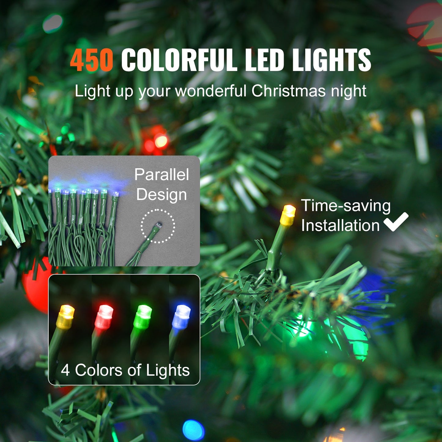 Christmas Tree, 6.5ft Prelit Artificial Xmas Tree, Full Holiday Decor Tree with 450 Multi-Color LED Lights, 1227 Branch Tips, Metal Base for Home Party Office Decoration Tested to UL Standards
