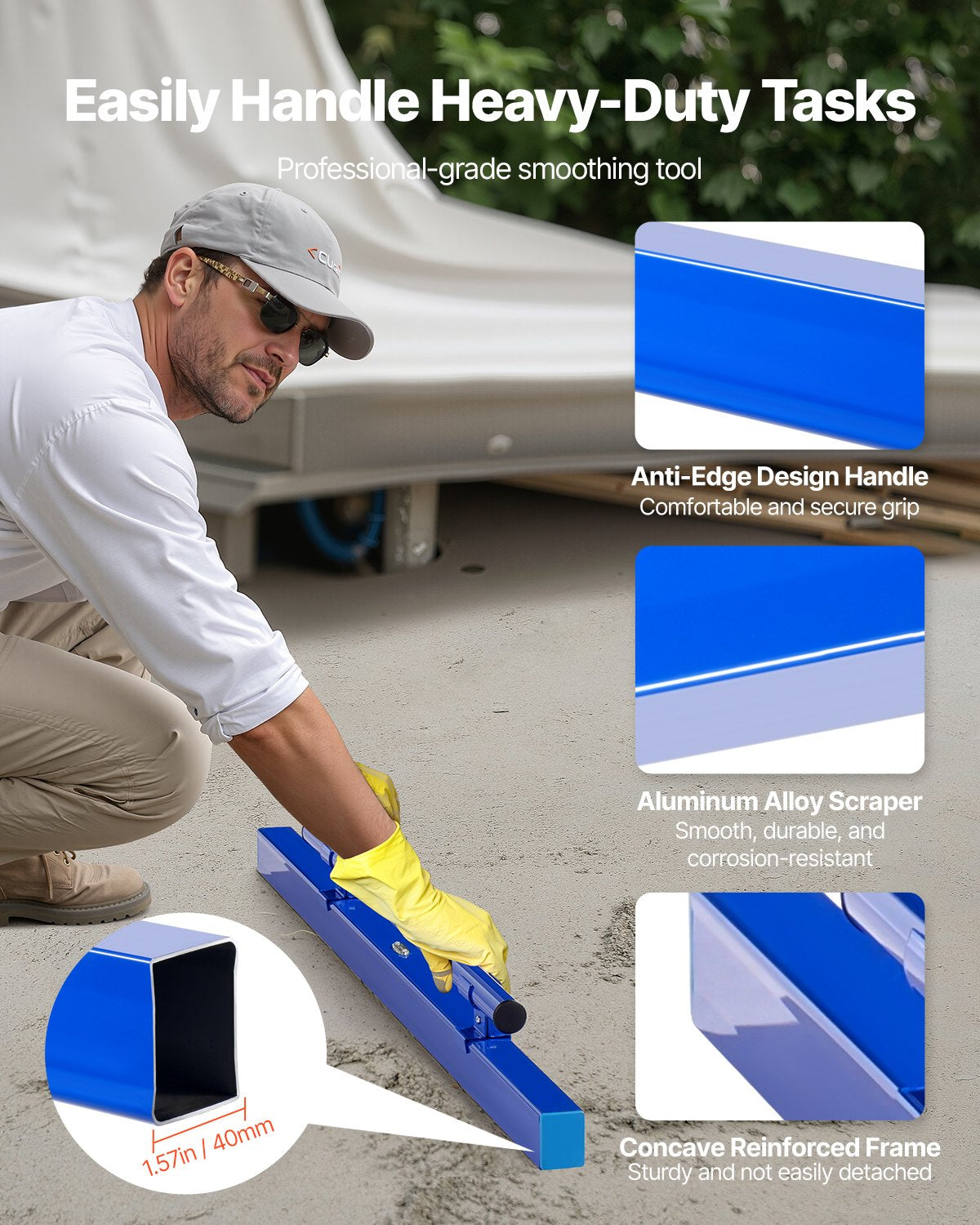 Concrete Screed, 48 Inch Screed with Level Vial, Easy Cleanup & End Cap Design, Aluminum Lightweight & Reversable Handle for Leveling Floors, Small-Scale Construction and Home Renovation