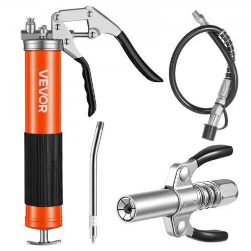 Grease Gun, 8000 PSI, Pistol Grip Grease Gun Kit with 14 oz Capacity, Includes 18-Inch Flex Hose, Double Handle Grease Coupler, Extension Rigid Pipe & Sharp Type Nozzle for Automotive, Marine