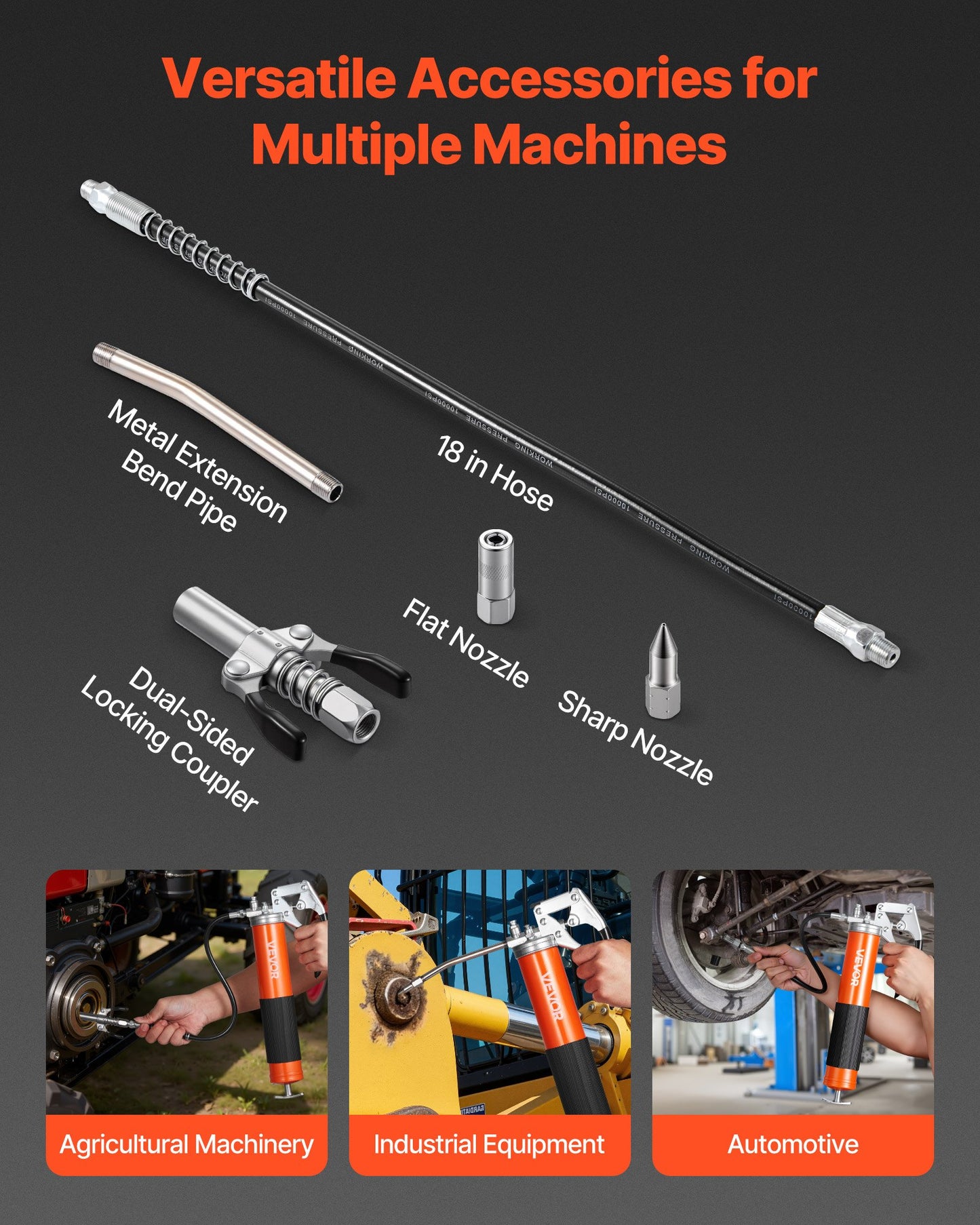 Grease Gun, 8000 PSI, Pistol Grip Grease Gun Kit with 14 oz Capacity, Includes 18-Inch Flex Hose, Double Handle Grease Coupler, Extension Rigid Pipe & Sharp Type Nozzle for Automotive, Marine