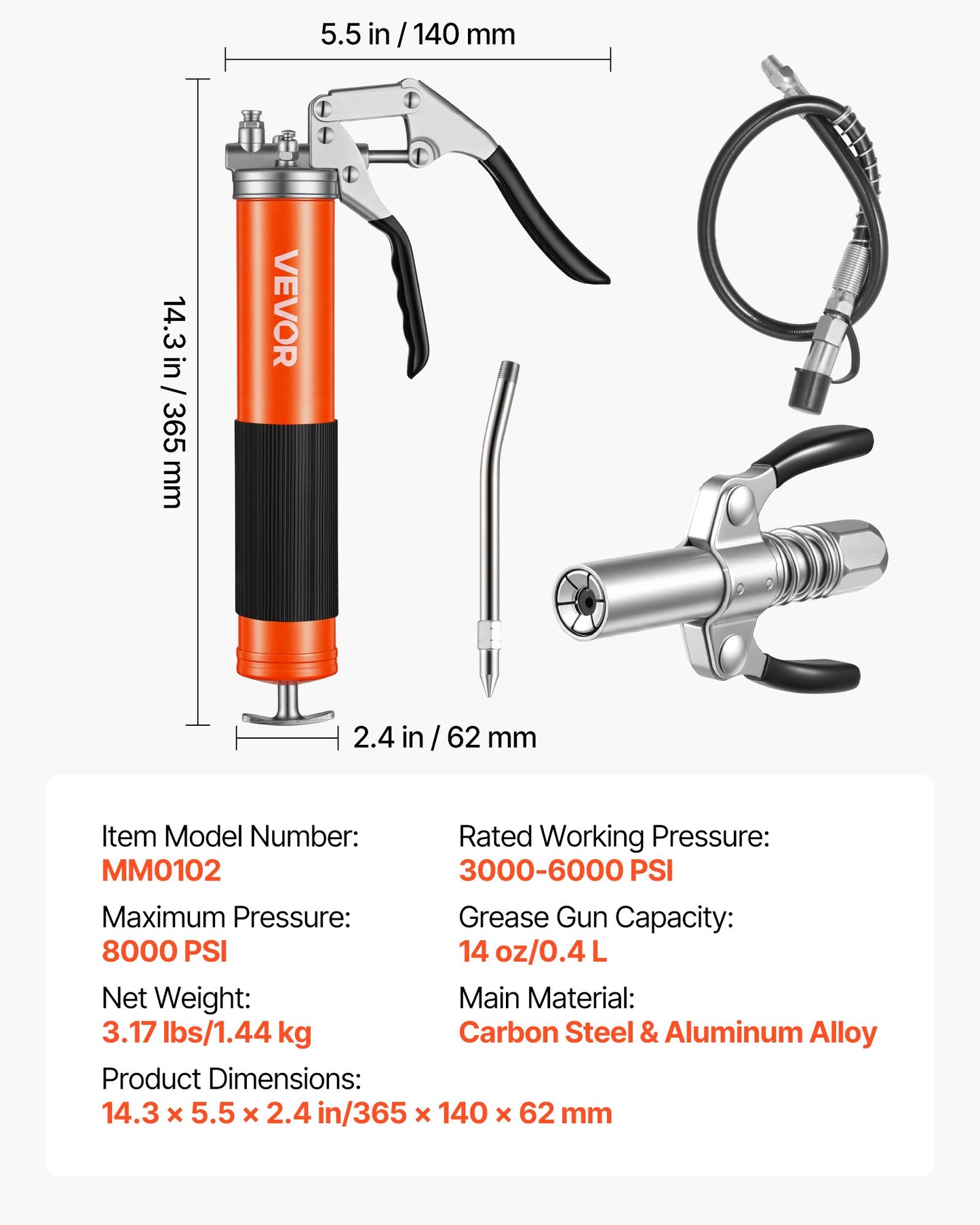 Grease Gun, 8000 PSI, Pistol Grip Grease Gun Kit with 14 oz Capacity, Includes 18-Inch Flex Hose, Double Handle Grease Coupler, Extension Rigid Pipe & Sharp Type Nozzle for Automotive, Marine
