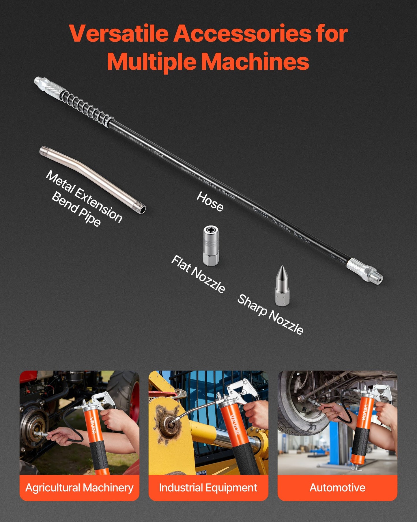 Grease Gun, 8000 PSI High Pressure, Heavy Duty Pistol Grip Grease Gun Kit with 14 oz Capacity, Includes 18-Inch Flex Hose, 1 Extension Rigid Pipe and 1 Sharp Type Nozzle for Automotive, Marine
