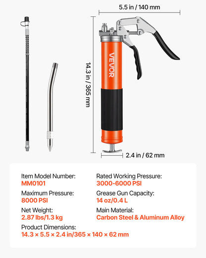 Grease Gun, 8000 PSI High Pressure, Heavy Duty Pistol Grip Grease Gun Kit with 14 oz Capacity, Includes 18-Inch Flex Hose, 1 Extension Rigid Pipe and 1 Sharp Type Nozzle for Automotive, Marine