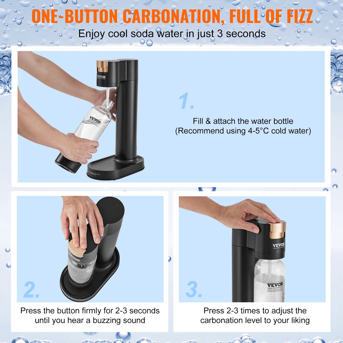 Sparkling Water Maker, Soda Maker Machine for Home Carbonating, Seltzer Water Starter Kit with 2 BPA-free 1L PET Bottles, Compatible with Mainstream Screw-in 60L CO2 Cylinder(NOT Included) Black