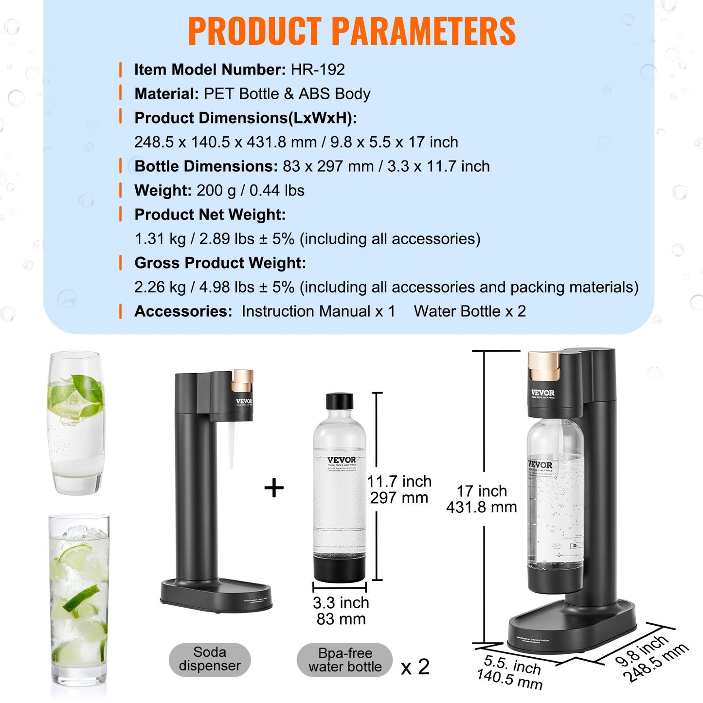 Sparkling Water Maker, Soda Maker Machine for Home Carbonating, Seltzer Water Starter Kit with 2 BPA-free 1L PET Bottles, Compatible with Mainstream Screw-in 60L CO2 Cylinder(NOT Included) Black