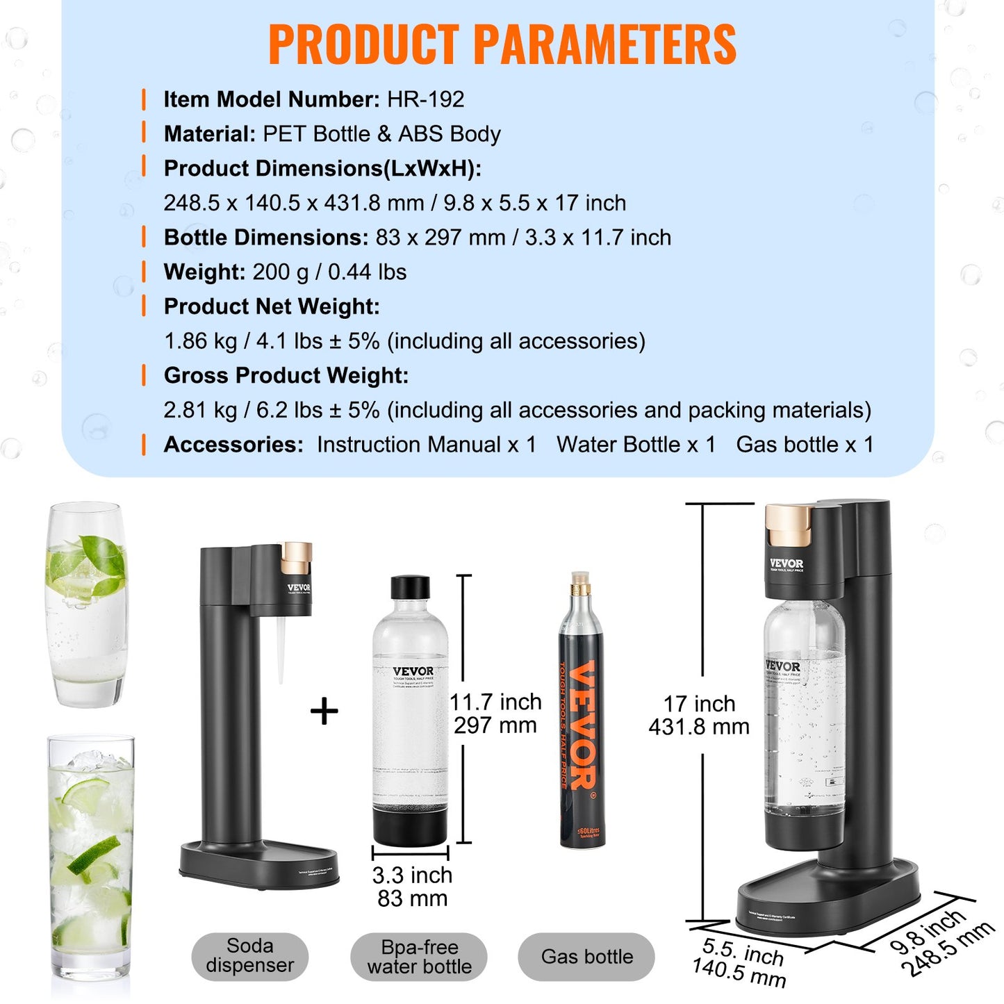 Sparkling Water Maker, Soda Maker Machine for Home Carbonating, Seltzer Water Starter Kit with BPA-free 1L PET Bottle, CO2 Cylinder, Compatible with Mainstream Screw-in 60L CO2 Cylinder