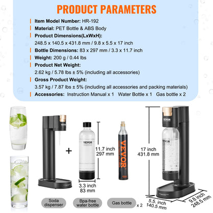 Sparkling Water Maker, Soda Maker Machine for Home Carbonating, Seltzer Water Starter Kit with BPA-free 1L PET Bottle, 2 CO2 Cylinders, Compatible with Mainstream Screw-in 60L CO2 Cylinder
