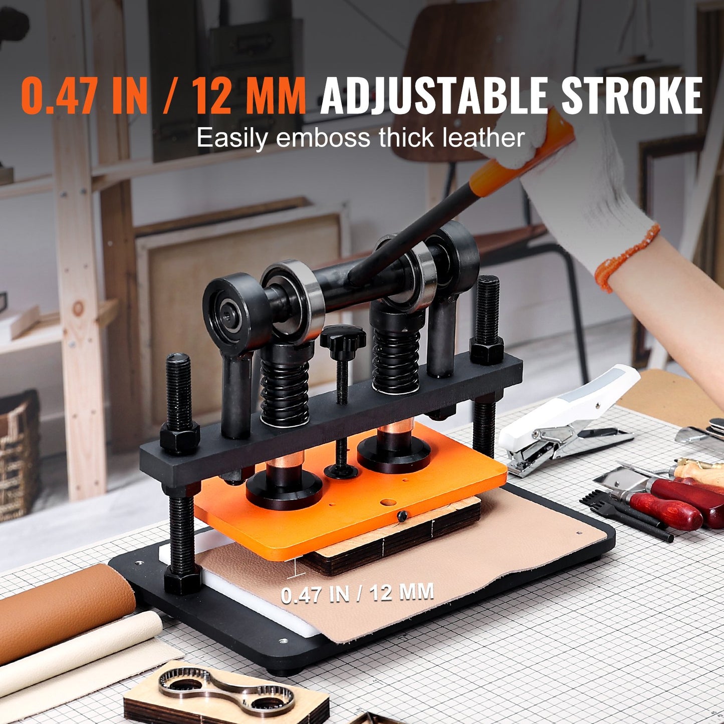 Lederschneidemaschine, 10,2 x 5,9 Zoll Prägeplatte Manueller Stanzer, 0,47 Zoll Druckschlag-Lederprägemaschine, Doppelführungswellen-Stanzmaschine für Verschiedene Materialien