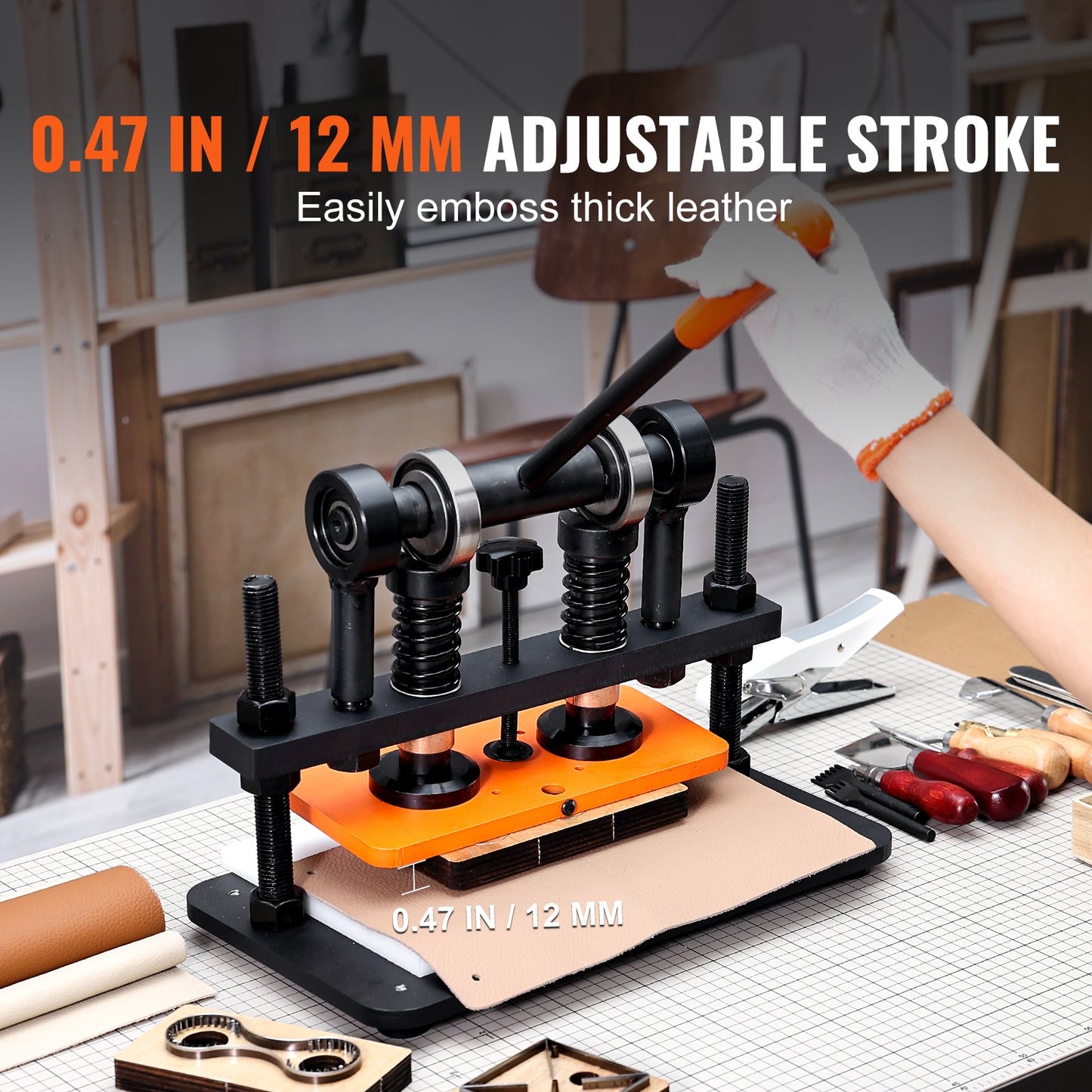 Läderskärmaskin, 10,2 x 4,7 tum präglingsplatta manuell stansare, 0,47 tum tryckslagsläderpräglingsmaskin, stansmaskin med dubbla styraxlar för olika material