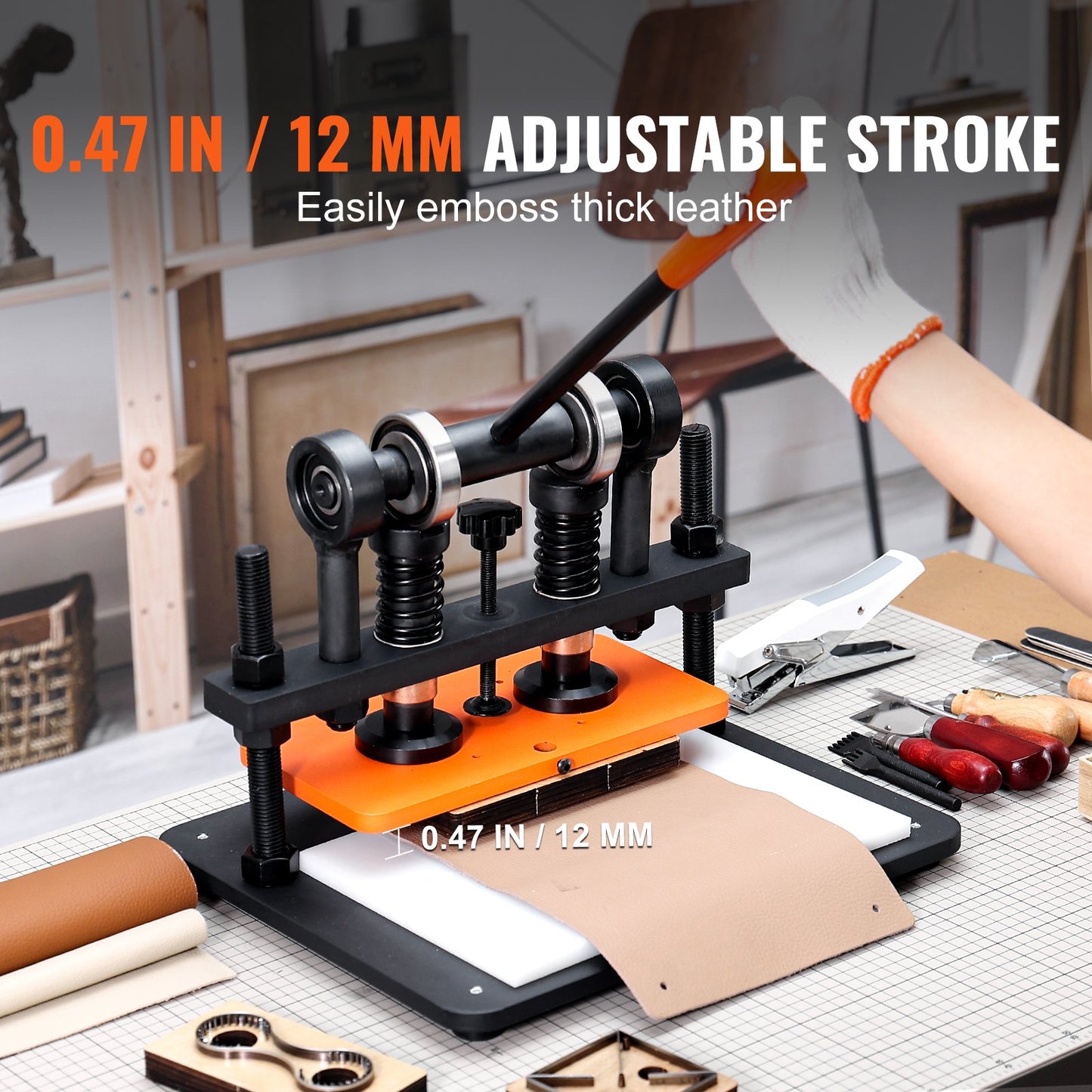 Läderskärmaskin, 11 x 5,5 tum präglingsplåt manuell stansare, 0,47 tum tryckslagsläderpräglingsmaskin, stansmaskin med dubbla styraxlar för olika material