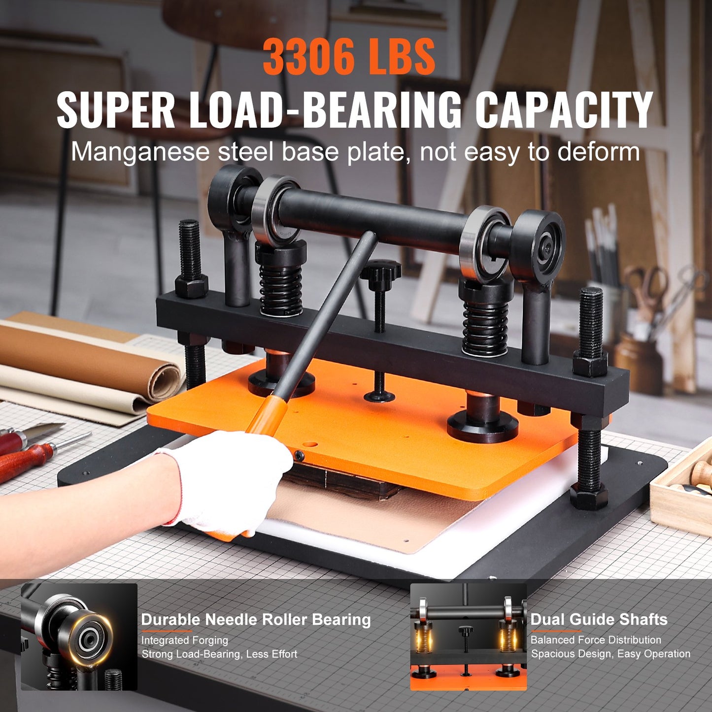 Läderskärmaskin, 14,2 x 10,2 tum präglingsplatta manuell stansare, 0,47 tum tryckslagsläderpräglingsmaskin, stansmaskin med dubbla styraxlar för olika material