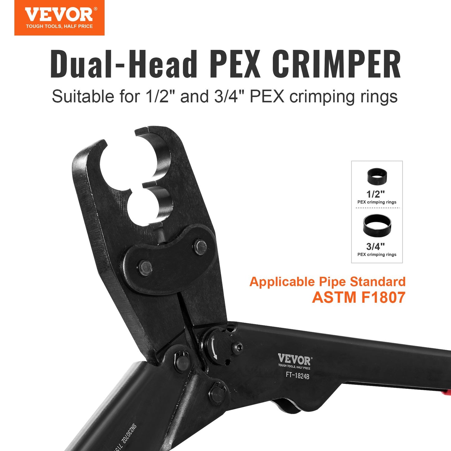 PEX Crimping Tool, Dual Head Combo PEX Crimper Tool for 1/2" and 3/4" PEX Copper Crimp Rings, Compact Plumbing Crimp Tool with Go/No-Go Gauge, Well-Polished Jaw, Meets ASTM F1807 Standards