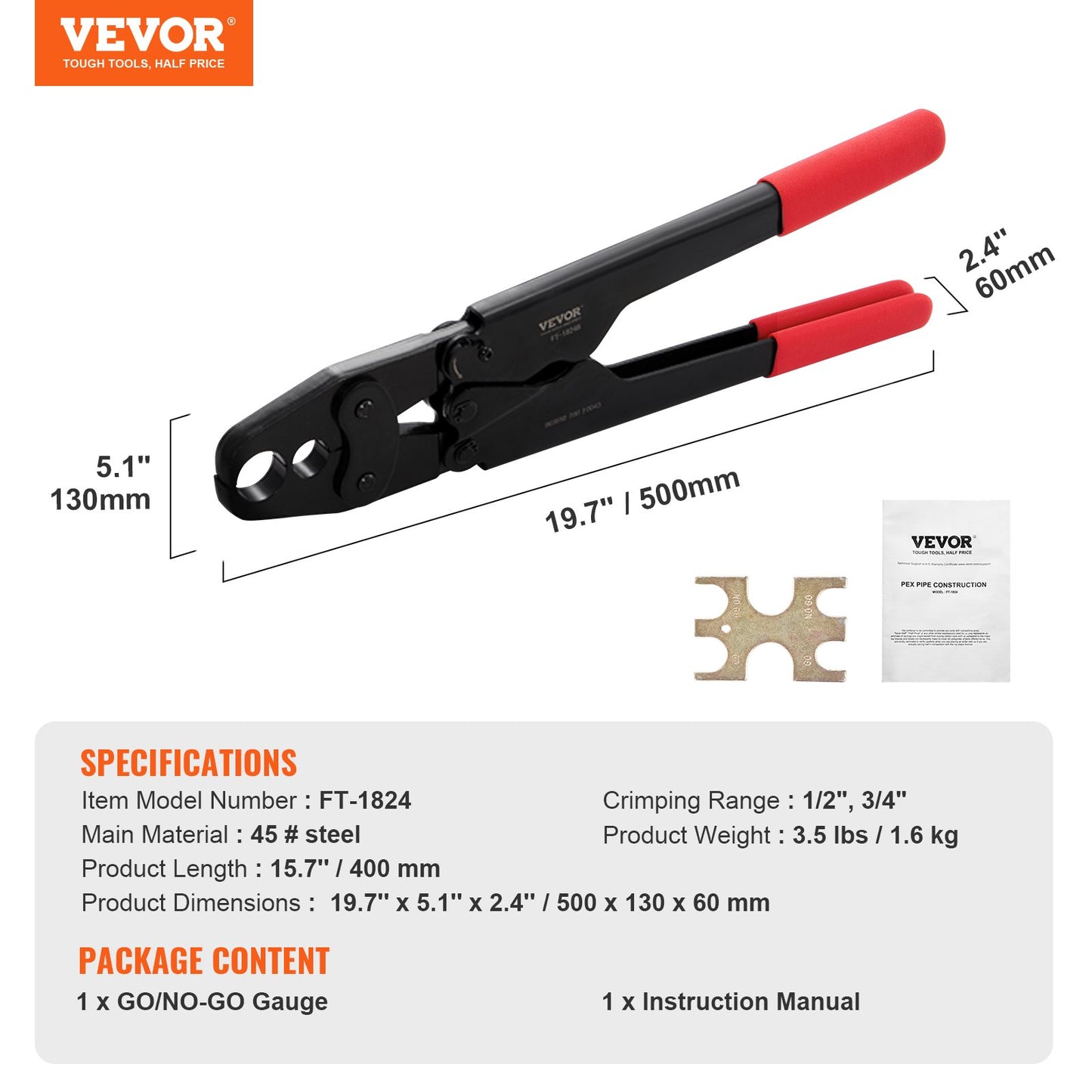 PEX Crimping Tool, Dual Head Combo PEX Crimper Tool for 1/2" and 3/4" PEX Copper Crimp Rings, Compact Plumbing Crimp Tool with Go/No-Go Gauge, Well-Polished Jaw, Meets ASTM F1807 Standards