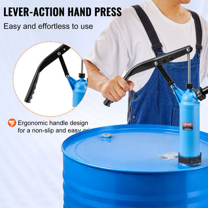 Drum Pump, 9.5 oz. Per Stroke, Lever-Action Barrel Pump, Fits 5-55 Gallon Drums with 3-Section Suction Tube Assembly & Hose, Hand Operated, Designed to Transfer Water, Alcohol, Corrosive Liquids