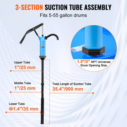 Drum Pump, 9.5 oz. Per Stroke, Lever-Action Barrel Pump, Fits 5-55 Gallon Drums with 3-Section Suction Tube Assembly & Hose, Hand Operated, Designed to Transfer Water, Alcohol, Corrosive Liquids