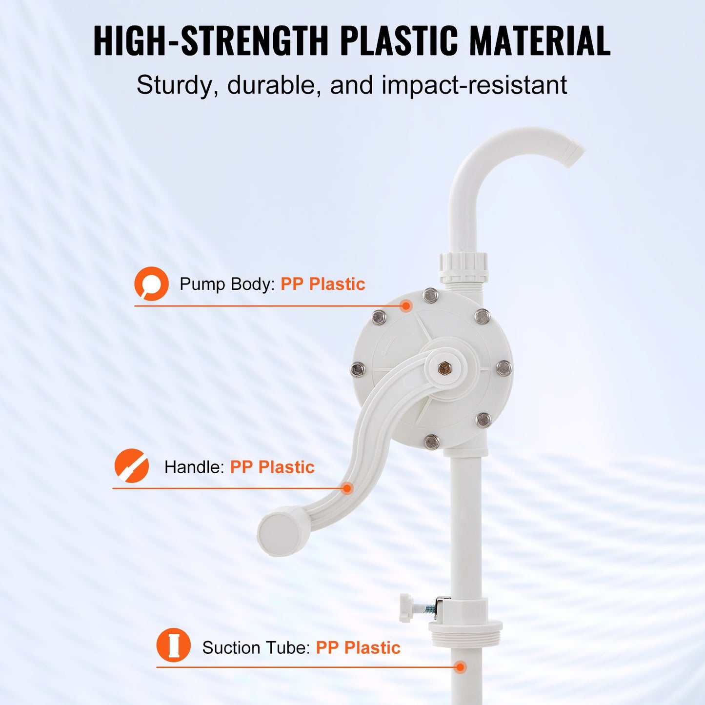 Drum Pump, 6.5 GPM Flow, Rotary Barrel Pump Hand Crank, Fits 5 to 55 Gallon Drums with 3-Section Suction Tube Assembly and Hose, Designed for Fast Transfer of Water, Alcohol, Corrosive Liquids