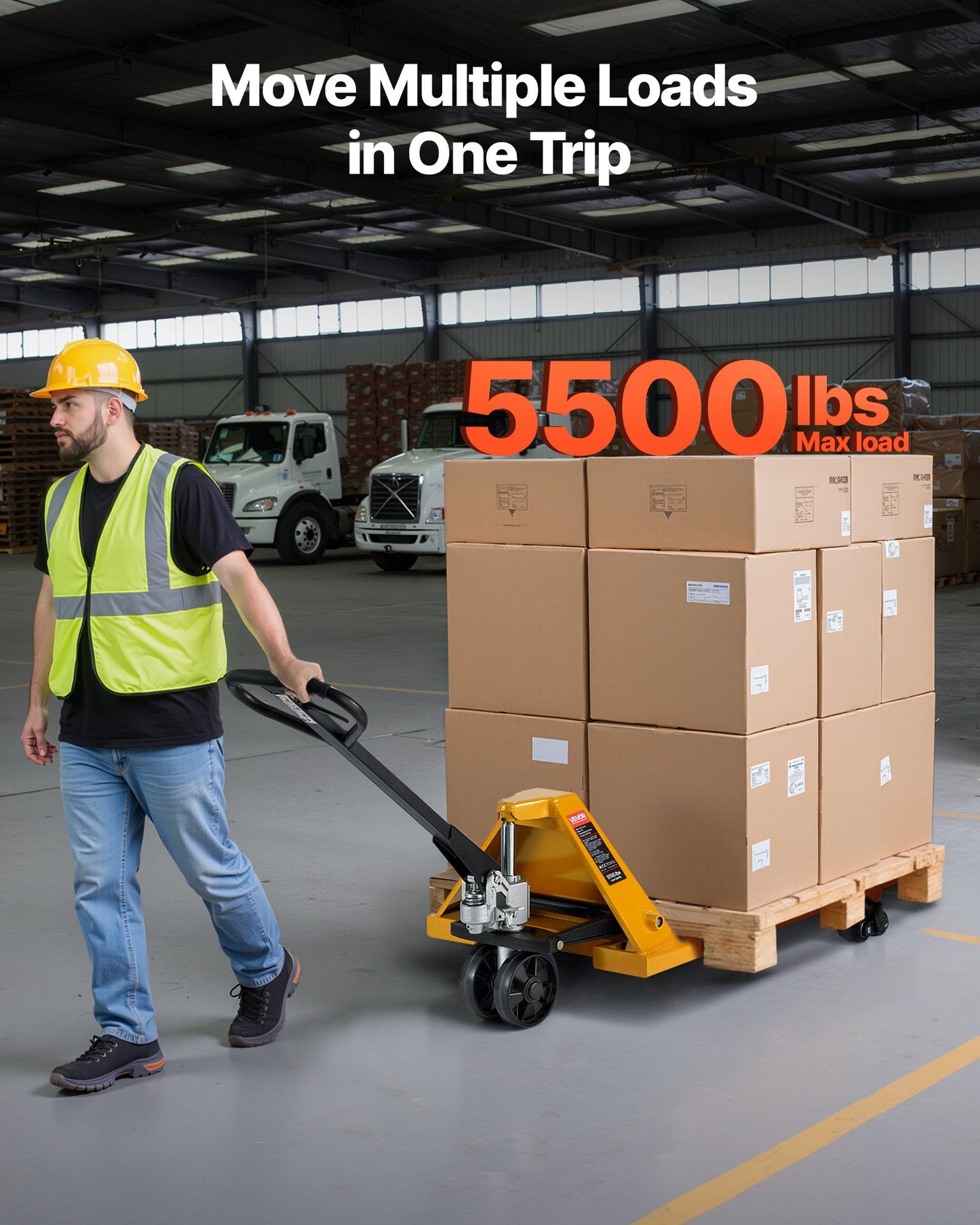 Pallet Jack, 5500 lbs Load Capacity, Manual Pallet Truck with 48L x 27W Inch Forks for Material Handling, 3.35-7.1 Inch Fork Lift Height Range, Suitable for Warehouse, Supermarket, Manufacturing